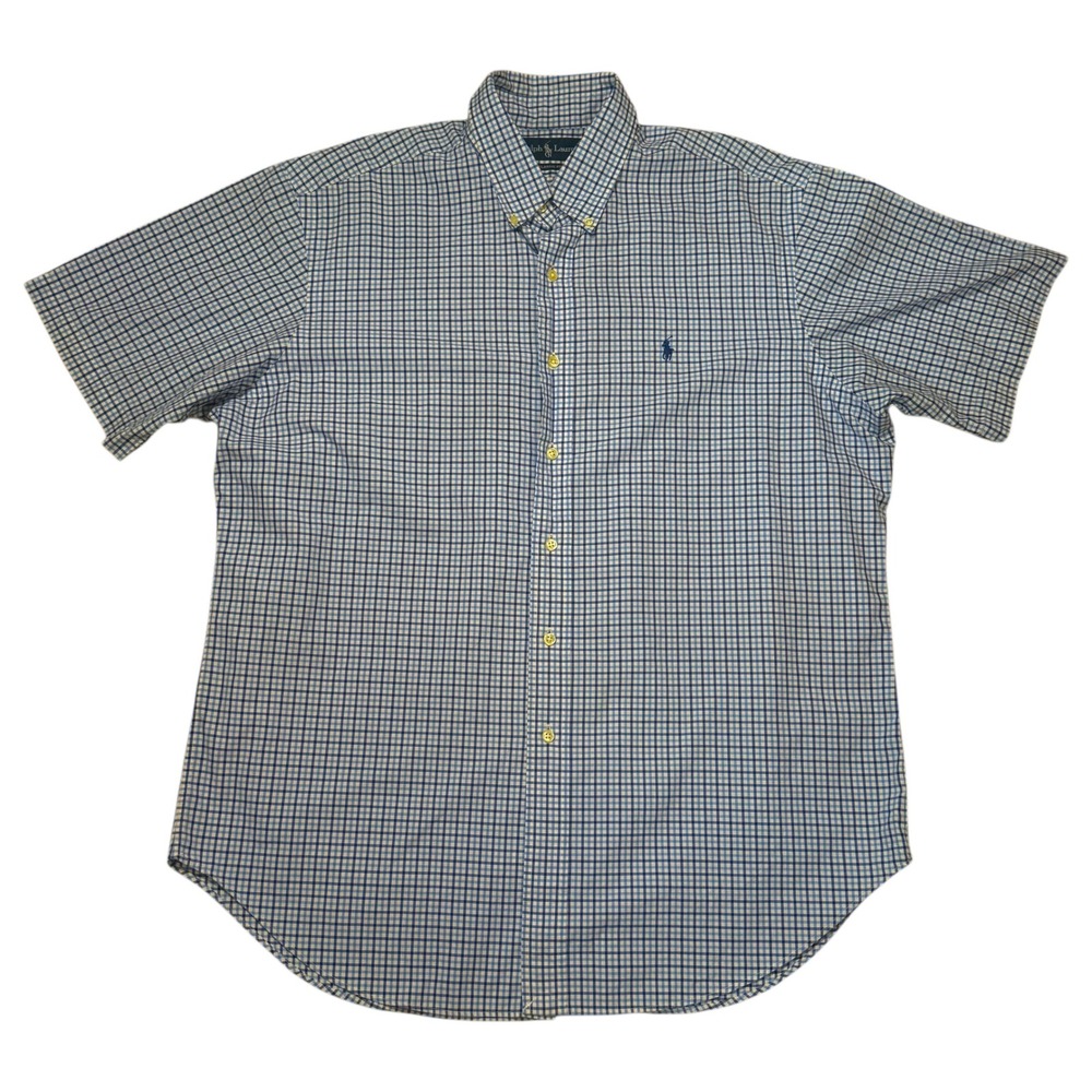 Ralph Lauren Mens Classic Fit Short Sleeve Check Button Down Shirt Blue White XL